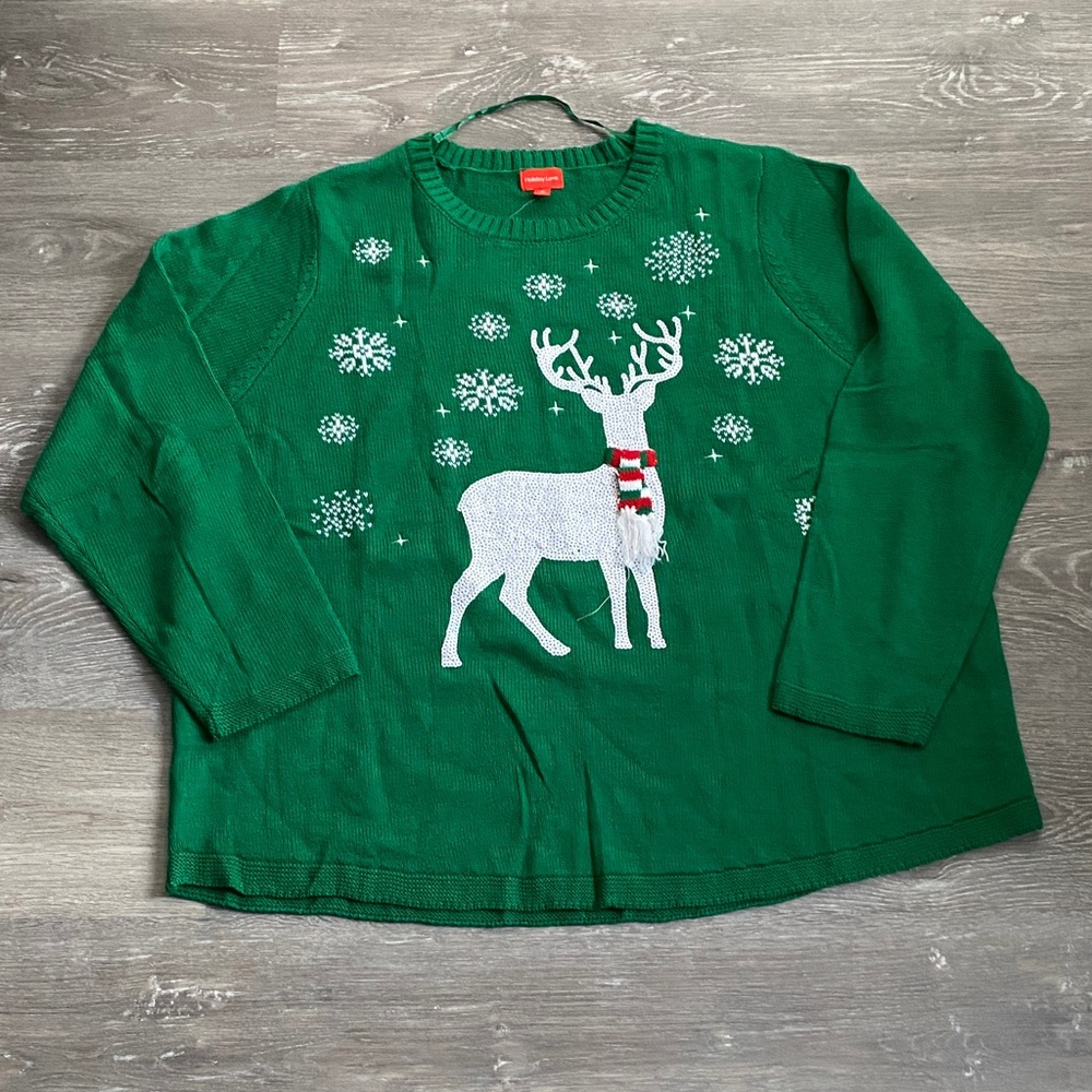 Holiday Lane Green Sweater with Sequin Reindeer Design, 4X, NWT